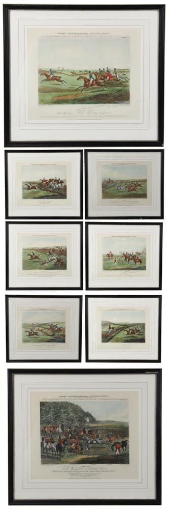 H. Alken, Grand Leicestershire Steeple Chase Engravings: Henry Alken, Grand Leicestershire Steeple Chase of 1829, colored engravings by C. Bentley, (8) total, 14" x 18", framed 22" x 25". Provenance: South Hamilton, Massachusetts collection.