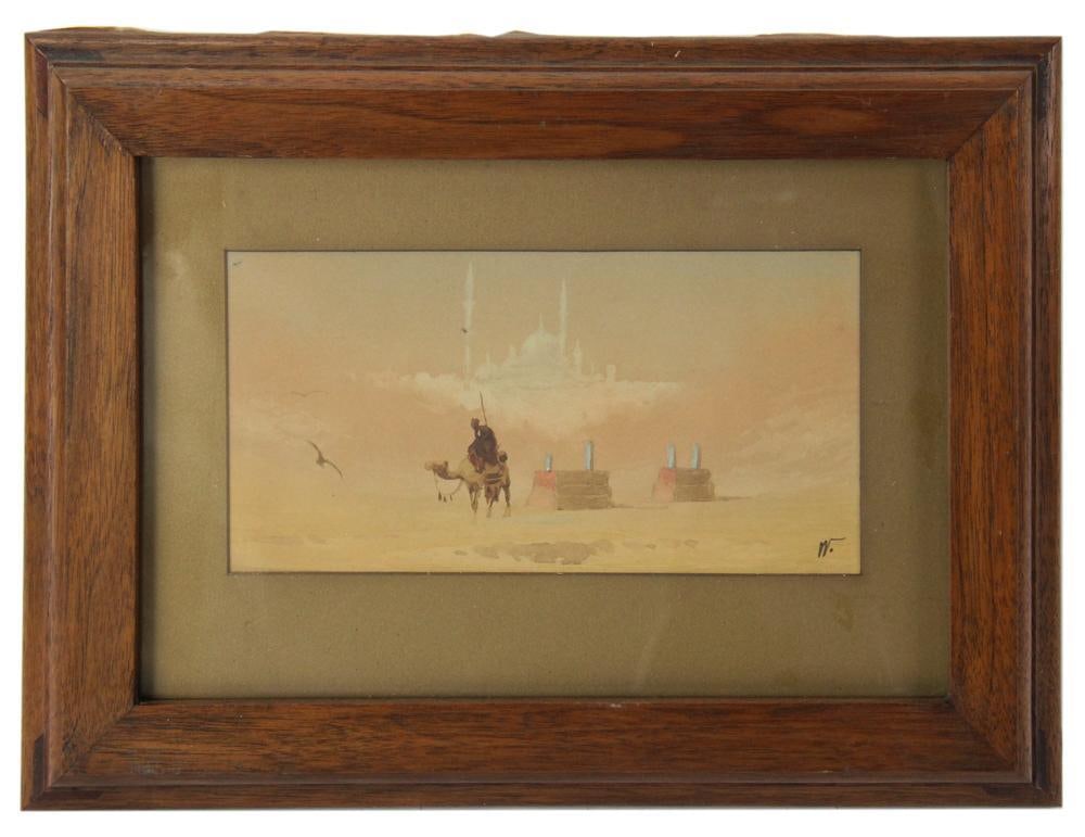 Late 19thC, Desert View with Man on Camel, Watercolor: Late 19th century, desert view with man on camel, watercolor, initialed "W" L/R, framed 3 1/2" x 7". Provenance: Palm Beach, Florida estate.