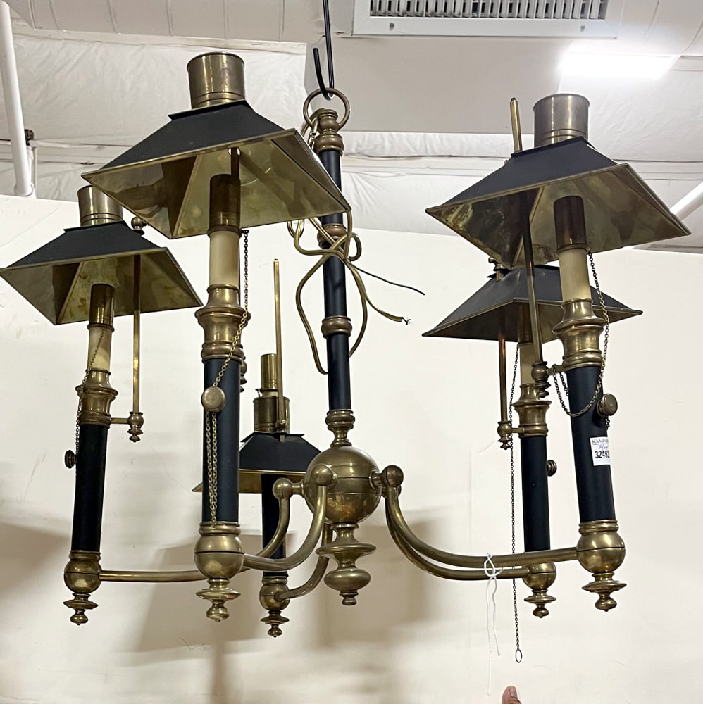 Chapman 5-Arm Brass and Tole Chandelier: Chapman 5-arm brass and tole chandelier, 24" H x 28" W. Provenance: Melrose, Massachusetts collection.