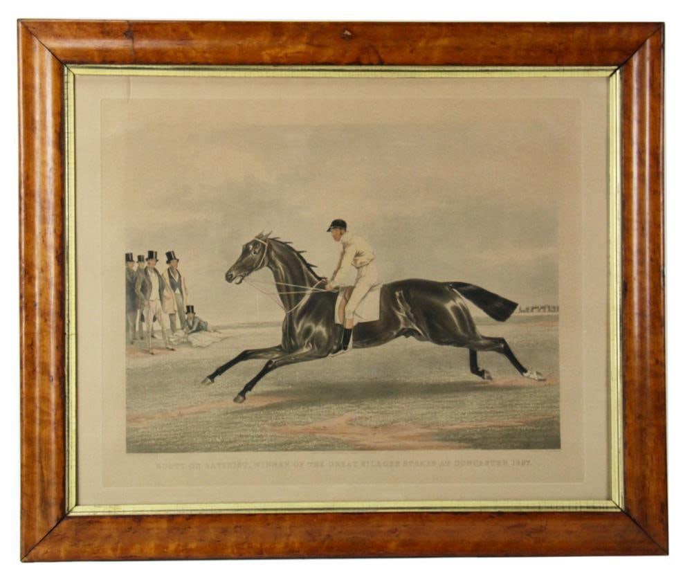 19thC Engraving of "Satirist", Winner of the 1841 St. Leger Stakes: 19th century colored engraving of jockey William Scott on "Satirist", winner of the great St. Leger Stakes at Doncaster in 1841 (not 1857), framed 28" x 34". Provenance: South Hamilton, Massachusetts 