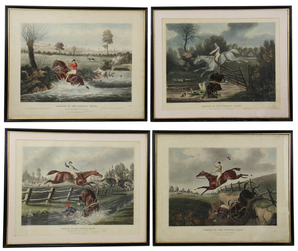 J. Pollard Colored Prints, Chances of the Steeple Chase: J. Pollard colored prints, Chances of the Steeple Chase, published by Lewis and Johnson, (4) total, framed 20" x 24". Provenance: South Hamilton, Massachusetts collection.