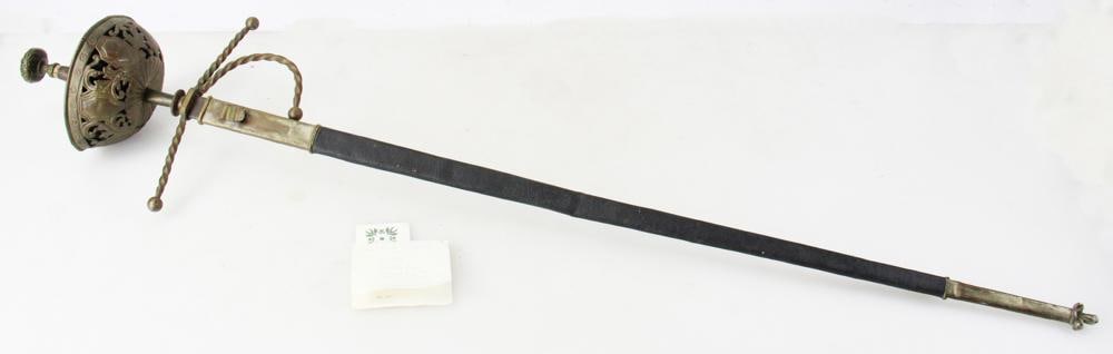 Vintage Rapier Sword, Prop from "Cleopatra", 1960: Vintage or decorative rapier sword featuring "dish hilt". From Cinecitta studio, Rome, Italy, set of Cleopatra, 1960 (sword used as prop), 42" x 9". Provenance: Marblehead, Massachusetts collection.