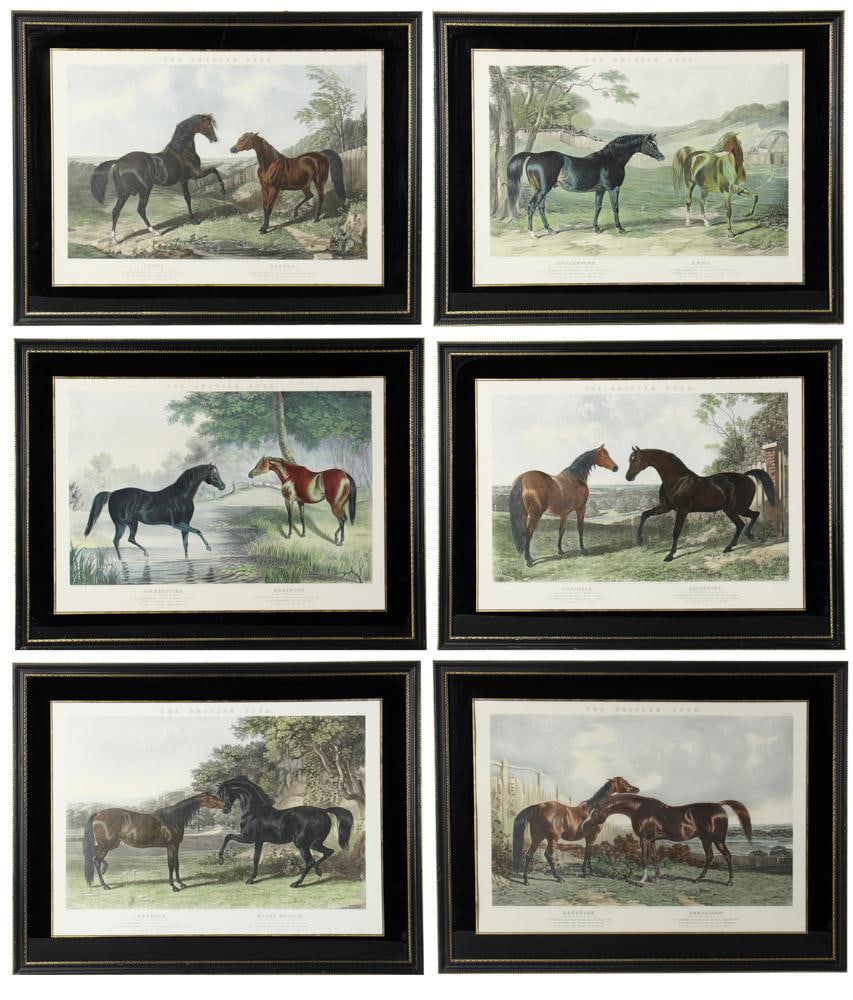 J.F. Herring, "The British Stud", Thoroughbred Racehorse Engravings: J.F. Herring, Sr., "The British Stud" plates 1-6, colored engravings of thoroughbred racehorses by J. Harris, 29" x 37". Provenance: South Hamilton, Massachusetts collection.