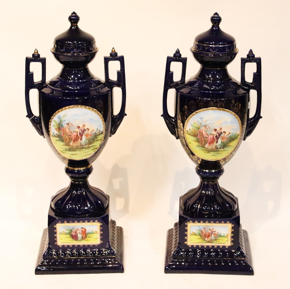 Pair of French-style Cobalt Urns with Classical Scenes (1 of 13)