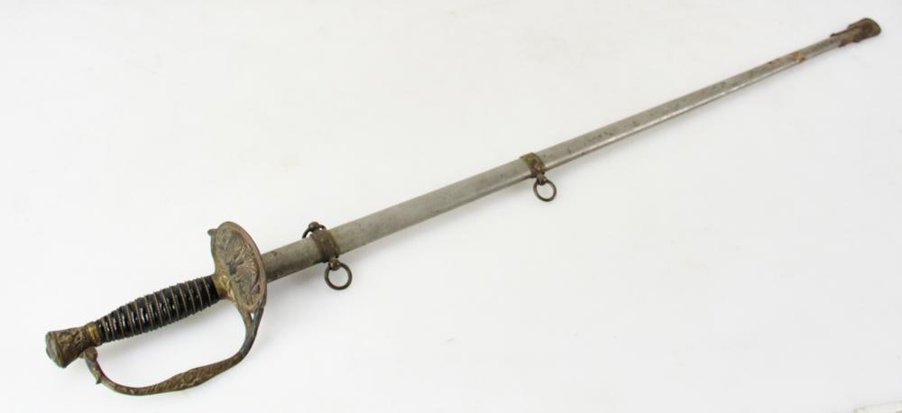 1860 Civil War Sword with Scabbard by G.W. Simmons: 1860 Civil War Staff and Field Officer sword with scabbard made by G.W. Simmons, Boston, 35" x 31". Provenance: Pawtucket, Rhode Island collection.