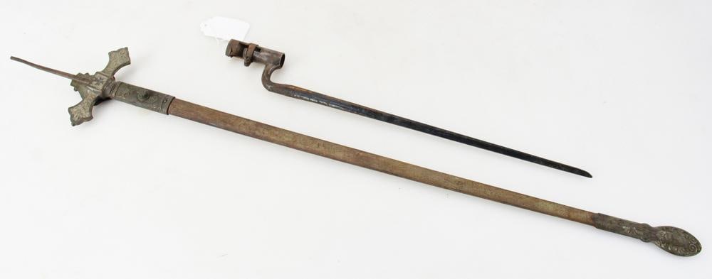 Knights of Columbus Presentation Sword, US WWI Bayonet: Knights of Columbus presentation sword (no handle) and US WWI bayonet. Sword 34" x 29"; bayonet 20". Provenance: Pawtucket, Rhode Island collection.