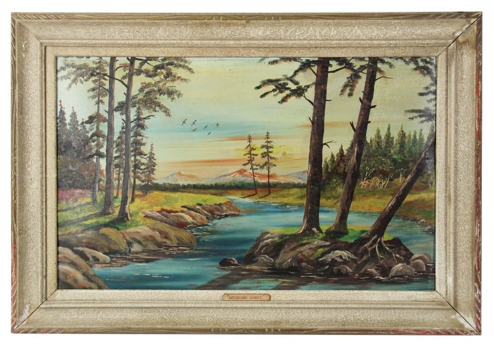 H. Parkwood, "Woodland Sunset", Oil on Board: H. Parkwood, river scene, "Woodland Sunset", oil on board, signed L/L, 17" x 28", framed 23" x 34". Provenance: Lynn, Massachusetts collection.
