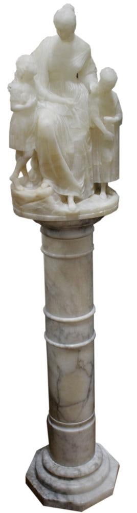 C1850 Alabaster Sculpture of Woman with Children: Circa 1850 alabaster sculpture of woman with two children on an alabaster pedestal, figure 21" H x 13" W; overall 60" H x 13" W. Provenance: Vero Beach, Florida collection.