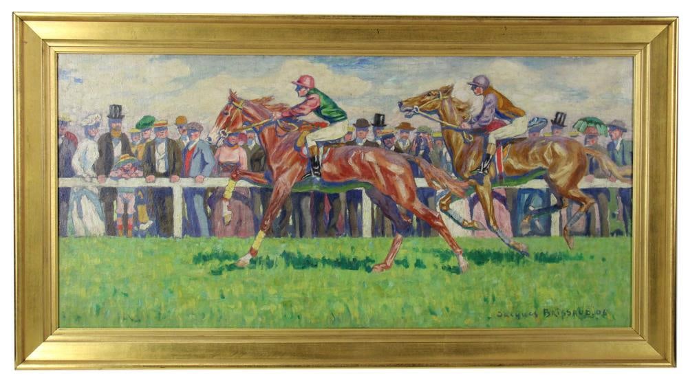 Jacques Brissaud, Polo Players, Oil on Canvas: Jacques Brissaud (French, 1880-1960), polo players, oil on canvas, signed L/R and dated "06", 20" x 43". Provenance: Essex, Massachusetts collection. PLEASE NOTE: On KaminskiLIVE, lots valued at over 