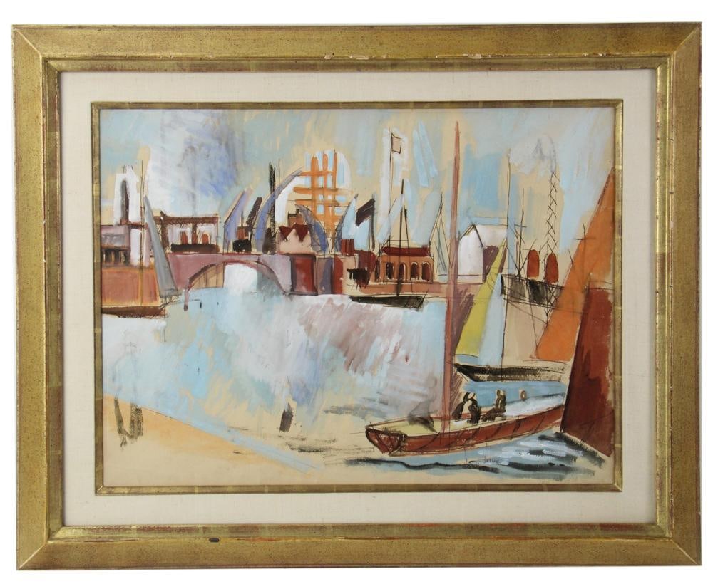 Jean Dufy, "Au Quai", Watercolor: Jean Dufy (French, 1888-1964), titled "Au Quai", watercolor, dated 1941, 18 1/2" x 24 1/2". Includes original bill-of-sale. Provenance: Essex, Massachusetts collection. PLEASE NOTE: On KaminskiLIVE, l