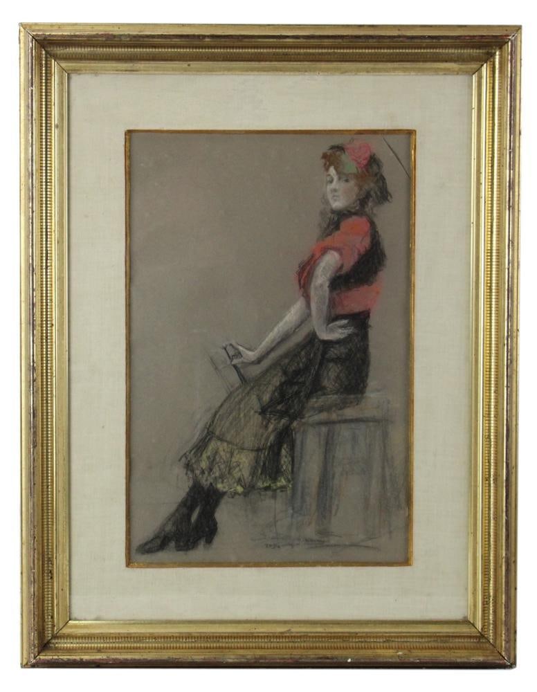 Thomas Wilmer Dewing, Seated Young Woman, Pastel on Paper: Thomas Wilmer Dewing (American, 1851-1938), seated young woman, pastel on paper, signed L/R, 17 1/2" x 11 1/2", framed 27" x 20". Provenance: Essex, Massachusetts collection.