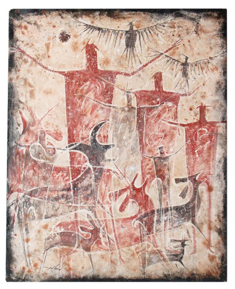 Ethan Deuel, Painted Caves Style Image, On Metal: Ethan Deuel, Painted Caves style image, oil on canvas, signed L/L, 44" x 36". Provenance: Essex, Massachusetts collection.