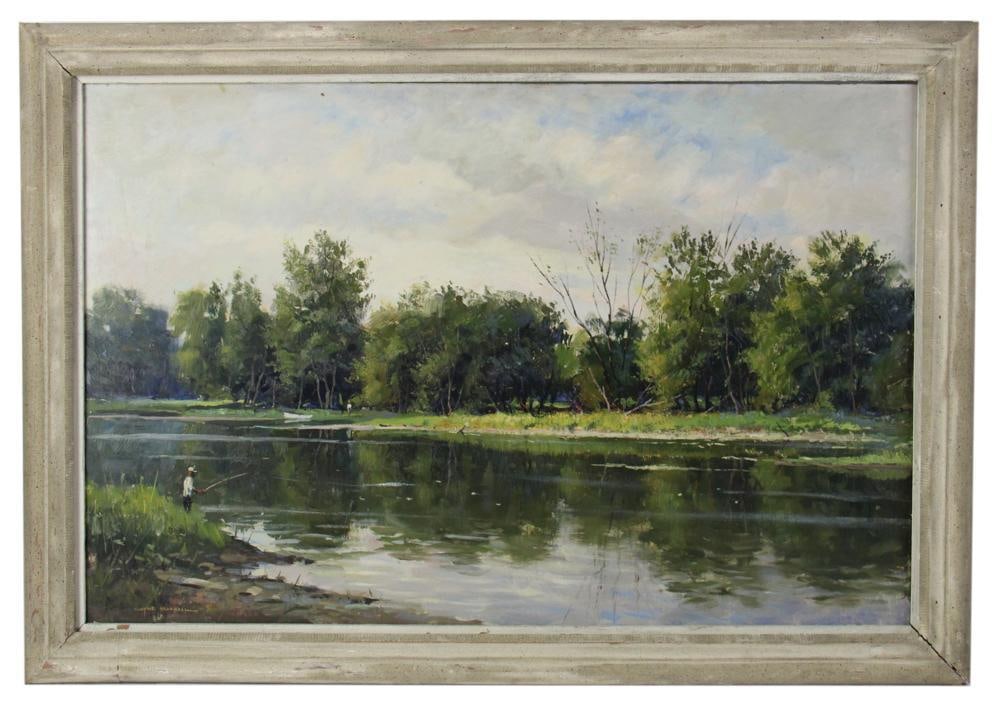 Wayne Morrell, Fisherman on the Stream, Oil on Board: Wayne Morrell (Rockport, Massachusetts artist, 1923-2013), fisherman on the stream, oil on board, 23" x 35". Provenance: Essex, Massachusetts collection.