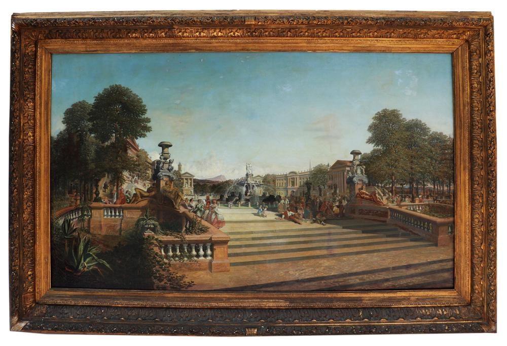 19thC Italian View of Gardens: 19th century Italian view of gardens, figures, and fountains, 39 1/2" x 68 1/2", in original gilt frame 53" x 82".