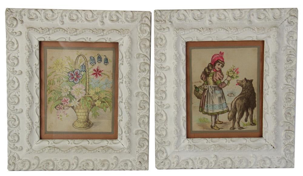 Two Antique Needleworks, Flowers, Girl with Dog: Two antique needleworks, basket of flowers, and girl with flowers and dog, framed 16" x 14". Provenance: Palm Beach, Florida estate.