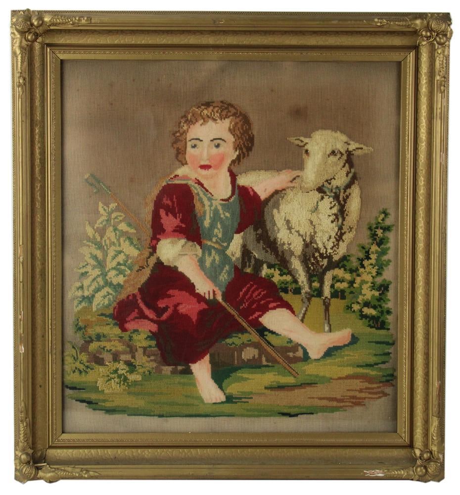 Antique Needlework with Child and Lamb (1 of 6)
