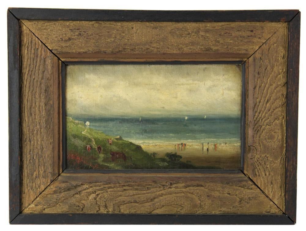 19thC Beach View, Oil on Board: 19th century beach view, oil on board, unsigned, 5" x 8 1/2", framed 10" x 13". Provenance: Palm Beach, Florida estate.