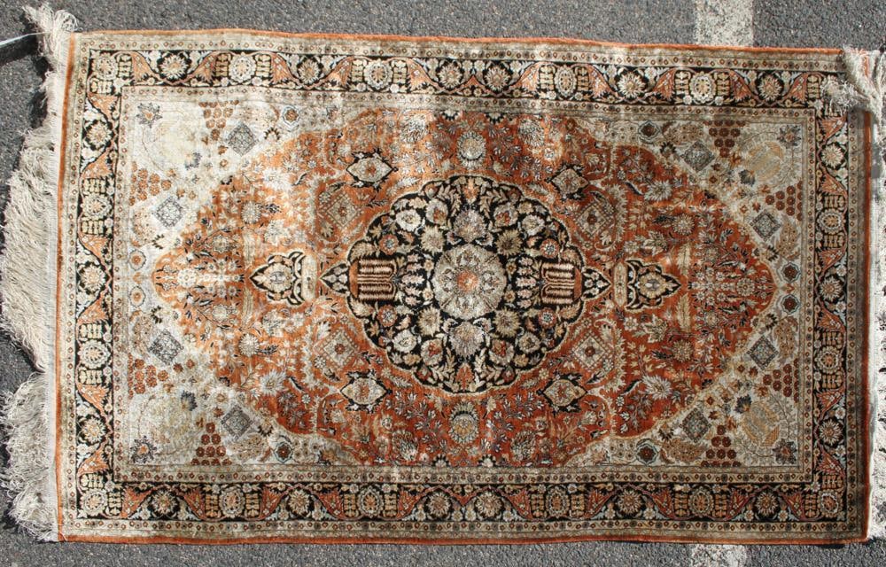 Silk Tabriz Rug: Silk Tabriz rug, 5' x 3'. Provenance: Londonderry, New Hampshire collection.