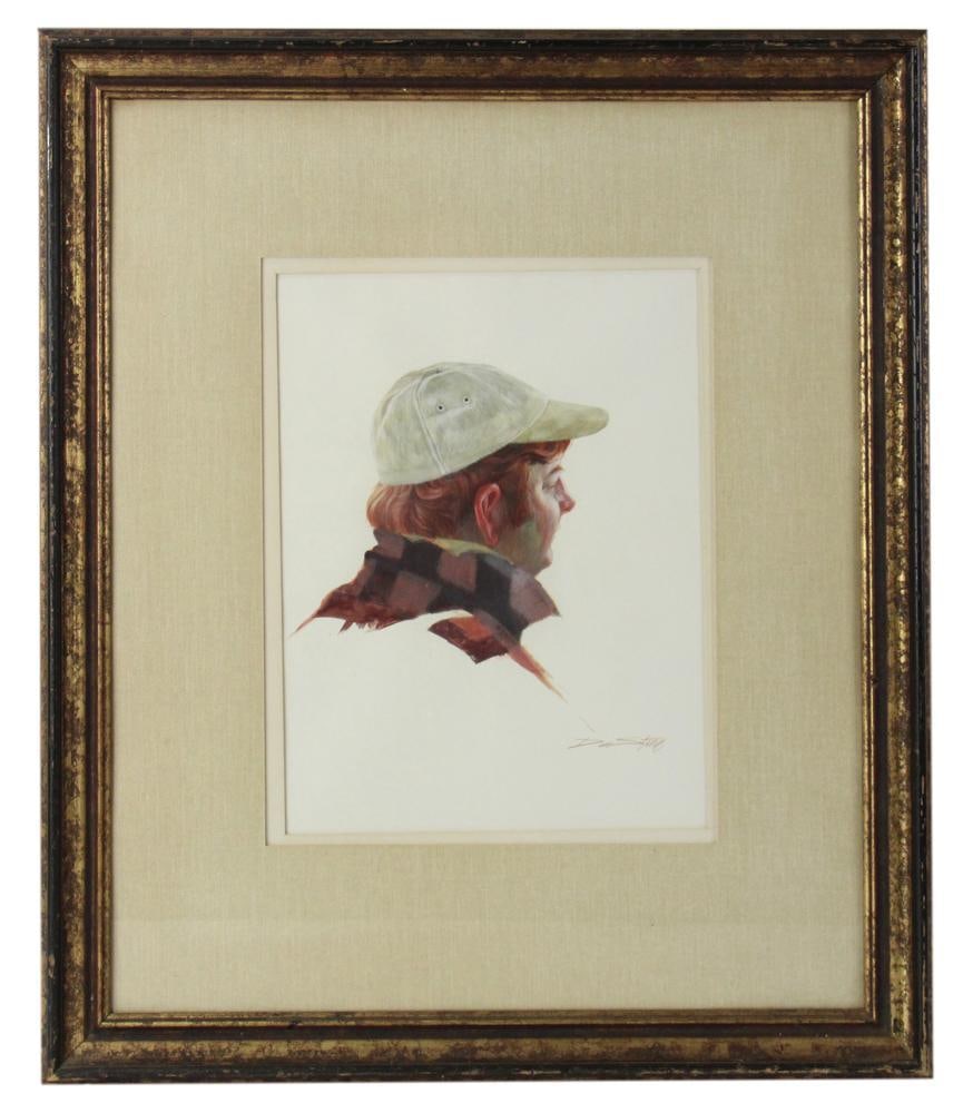 Don Stone, Portrait of Man in White Cap: Don Stone (American, 1929-2015), portrait of red-haired man in white cap, signed L/R, 10 3/4" x 14", framed 26" x 23". Provenance: Rockport, Massachusetts collection.