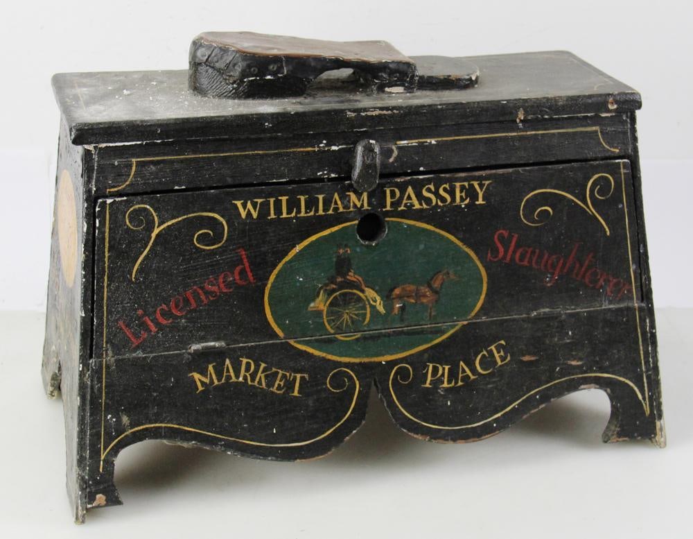 Painted Shoeshine Box with Advertising: Painted shoeshine box with advertising for William Passey, L. Wells, Lambeth Borough Council, etc., 14" x 18" x 10". Provenance: South Hamilton, Massachusetts collection.