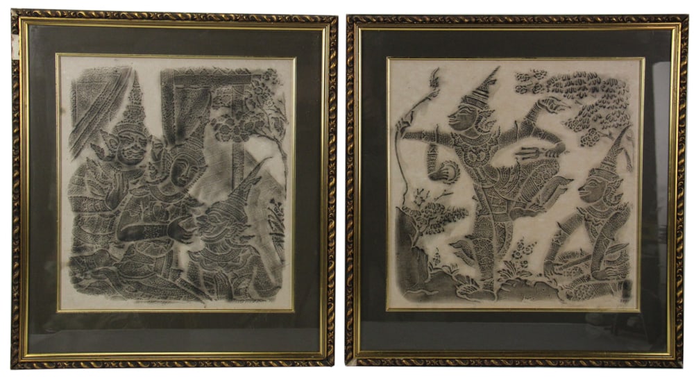 Two Framed Indonesian Grave Rubbings: Two Indonesian grave rubbings, larger 17 1/4" x 17" (sight), framed 24 1/2" x 23 1/2". Provenance: Tewksbury, Massachusetts collection.