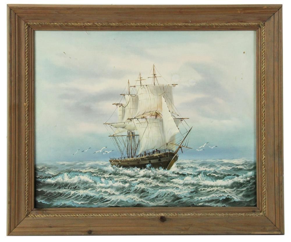 Wilson, Sailing Ship, Oil on Canvas: Wilson, sailing ship, oil on canvas, signed L/L, 20" x 16", framed 20" x 24". Provenance: Palm Beach, Florida estate.