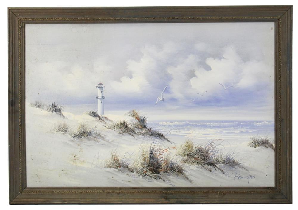 Remington, Lighthouse View, Oil on Canvas: Remington, view of dunes with lighthouse, oil on canvas, signed L/R, 24" x 36", framed 27" x 40". Provenance: Palm Beach, Florida estate.