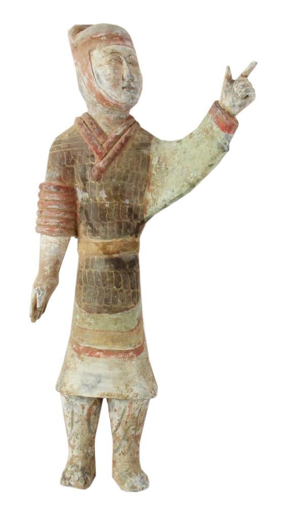 Chinese Pottery Soldier Figure: Chinese pottery soldier figure, likely Han Dynasty (206 BCE - 220 CE), 25" x 12". Provenance: Weston, Massachusetts collection.
