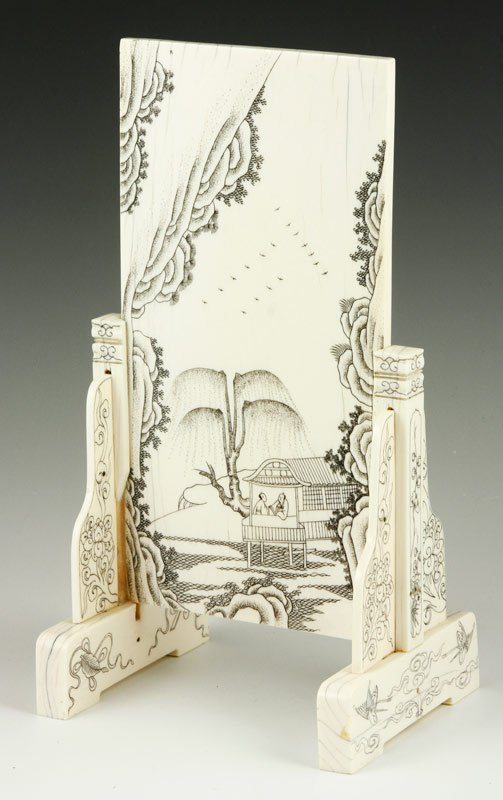 Chinese Ivory Table Screen: Ivory table screen, China, incised with calligraphy, 9" h.