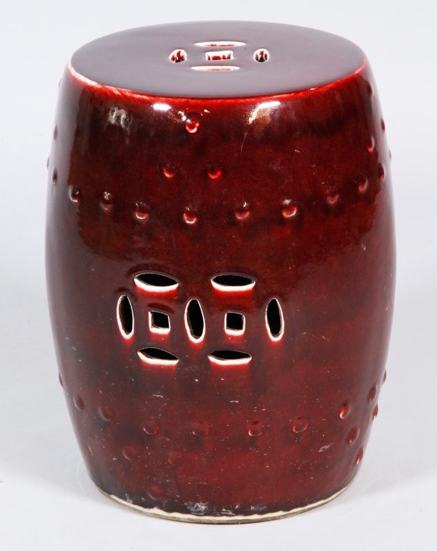 Chinese Red Glazed Stool: Red glazed stool, China, 19 1/2" x 13".