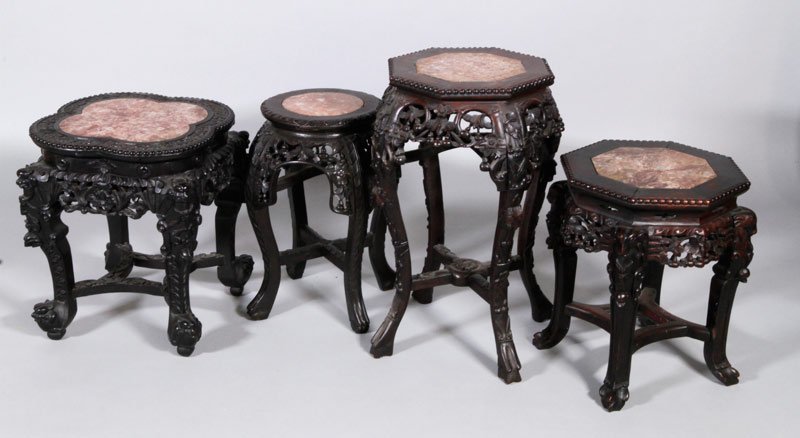 Chinese Hardwood Stools: Four hardwood stools, China, largest 24" h.