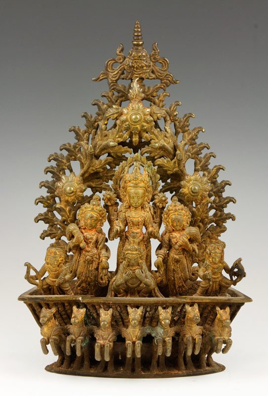 Thai Bronze Buddhist Figure: Bronze Buddhist group of figures, Thailand, 20th century, the central figure of Buddha surrounded by five Bodhisattvas, with a group of seven horses at the front, 11" x 7 1/2".