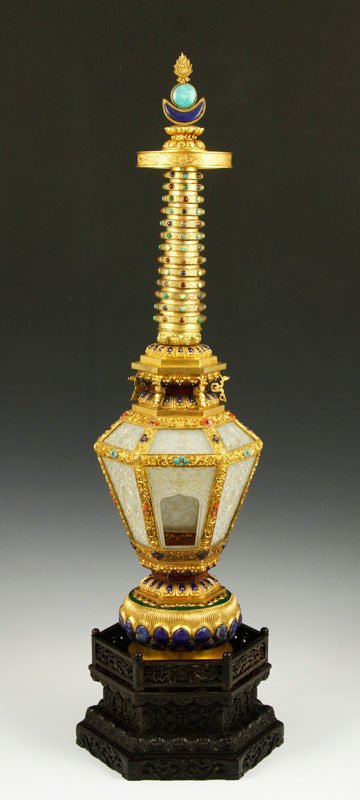 Chinese Qing Gilt Bronze Pagoda: Gilt bronze pagoda lantern, China, Qing Dynasty (1644-1911), inlaid with coral, turquoise and lapis stone inlays, and glass panels, bats and longevity symbols, with Zitan stand, 28".