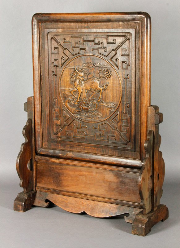 Chinese Rosewood Table Screen: Carved rosewood table screen, China, 18 1/4" x 24 1/2".