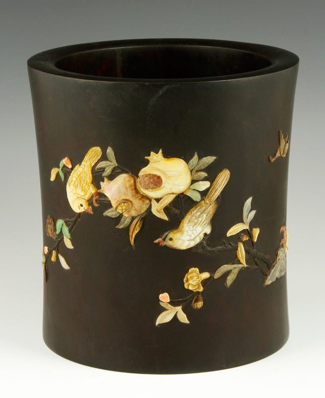 Chinese Zitan Brush Pot: Zitan brush pot, China, mounted with soapstone, 7 1/2" x 7".