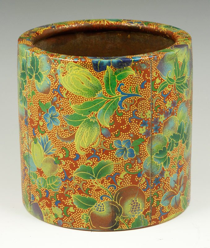 Chinese Enamel on Yixing Pottery Brush Pot: Enamel on yixing pottery brush pot, China, Gu Jingzhou mark on base, 5 1/4" x 5 3/4".