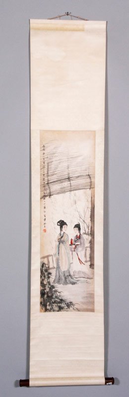 Chinese Scroll Painting: Scroll painting, China, watercolor on paper, signed Fu Baoshi, 35" x 11".