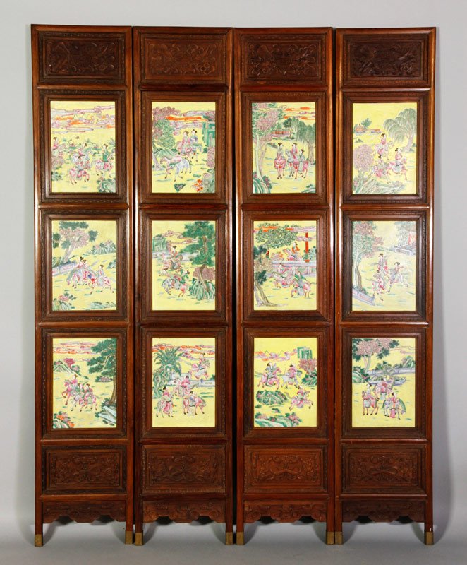 Chinese 19th C. Four Panel Porcelain Screen: Four panel porcelain screen, China, 19th century, the hardwood frame with carved panels above and below twelve famille rose porcelain plaques, each depicting Mandarin women at equestrian pursuits, on 