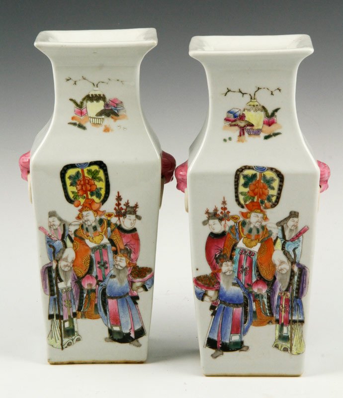 Chinese 19th C. Famille Rose Vases: Pair of famille rose square vases, China, 19th century, with Tongzhi marks , 9 1/2" x 3 1/2" x 3".