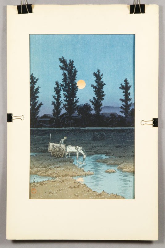 Japanese Woodblock Print, Rural Moonlit Scene: Woodblock print of a rural moonlit scene, ink and color on paper, signed Hasui Kawase, dated 1938, 15" x 10 3/8" (view), 20" x 13" (mat).