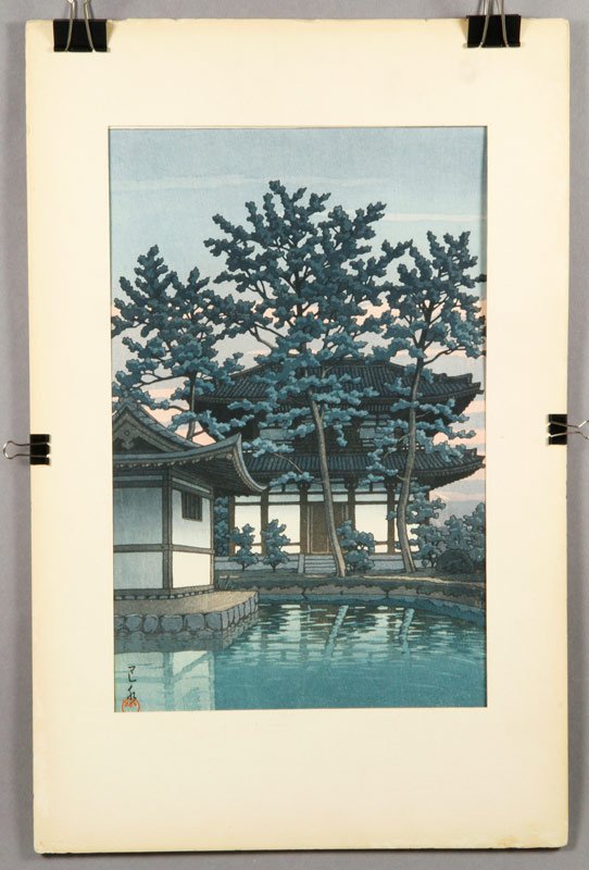 Japanese Woodblock Print, Temple at Nara: Woodblock print of a temple at Nara, ink and color on paper, signed Hasui Kawase, dated 1951, 15" x 10 3/8" (view), 20" x 13" (mat).