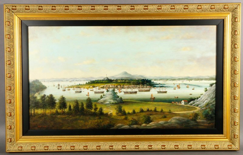 Coole, The Hongs at Whampoa Harbor, O/P: Painting, Brian Coole, The Hongs at Whampoa Harbor, c. 1860, signed lower left, 16" h x 29" w, framed 22" h x 35" w.