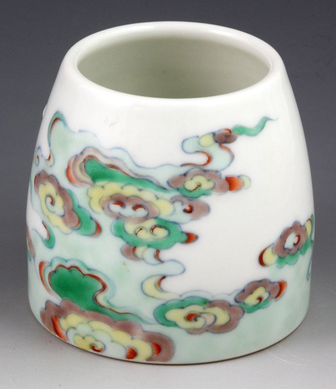 Chinese Doucai Water Coupe: Doucai water coupe, China, the tapered cylinder form painted with multi-colored clouds, with six-character Yongzheng mark on base within a double ring, 2 3/8"h x 2 1/2"w.