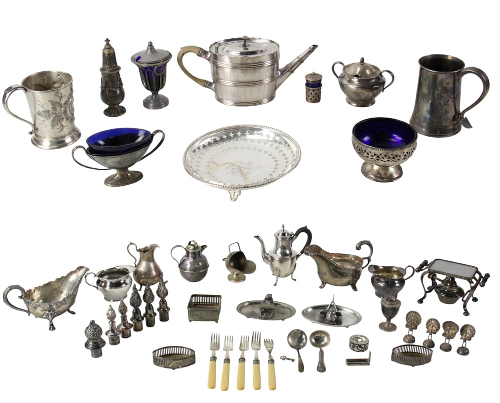 Assorted Antique Silverplate Items: Antique silverplate assorted items. Provenance: Estate of Joseph and Anna Prince Haley, of Pride's Crossing, Massachusetts.