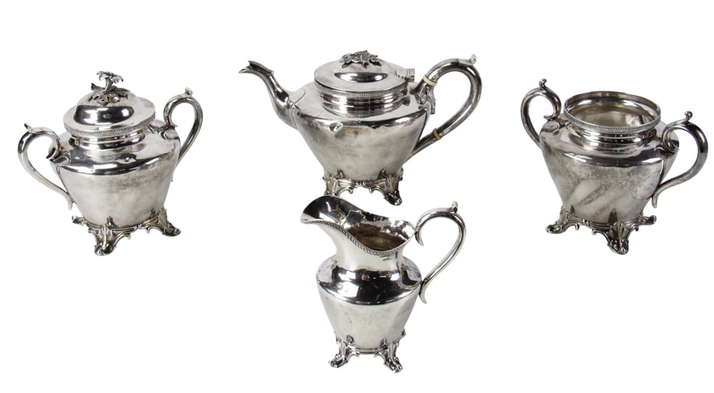 Silverplate Tea Set by Bailey and Co.: Silverplate tea set made by Bailey and Co., Chestnut St., Philadelphia. Provenance: Estate of Joseph and Anna Prince Haley, of Pride's Crossing, Massachusetts.