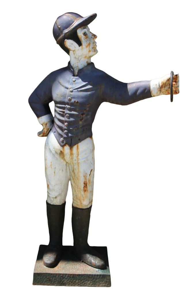 Antique Cast Iron Lawn Jockey: Antique cast iron lawn jockey. Provenance: Estate of Joseph and Anna Prince Haley, of Pride's Crossing, Massachusetts.