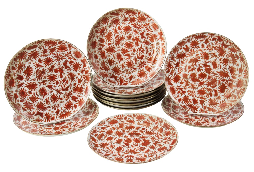 Antique Chinese Export Dinner Plates, Fitzhugh Orange Peel: Antique Chinese Export porcelain dinner plates with sacred bird and butterfly Fitzhugh "Orange Peel" decor, 9 1/2 diameter, (14) total. Provenance: Estate of Joseph and Anna Prince Haley, of Pride's C