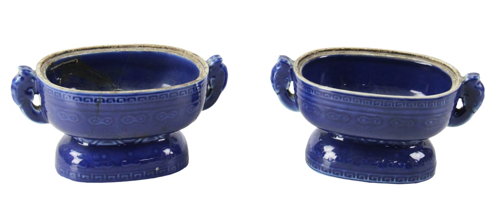 Pair of Chinese Qianlong Glazed Blue Urns: Pair of Chinese glazed blue urns, Qianlong period, 4 1/2 x 9 1/2 (including handles) x 6. One with old restoration. Provenance: Estate of Joseph and Anna Prince Haley, of Pride's Crossing,