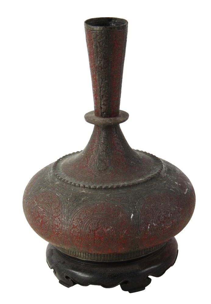 19thC Islamic Bronze Urn on Wood Stand: 19th century Islamic bronze urn, on wood stand, with red letters on bottom "202" from previous collection, 11 x 7. Provenance: Estate of Joseph and Anna Prince Haley, of Pride's Crossing,