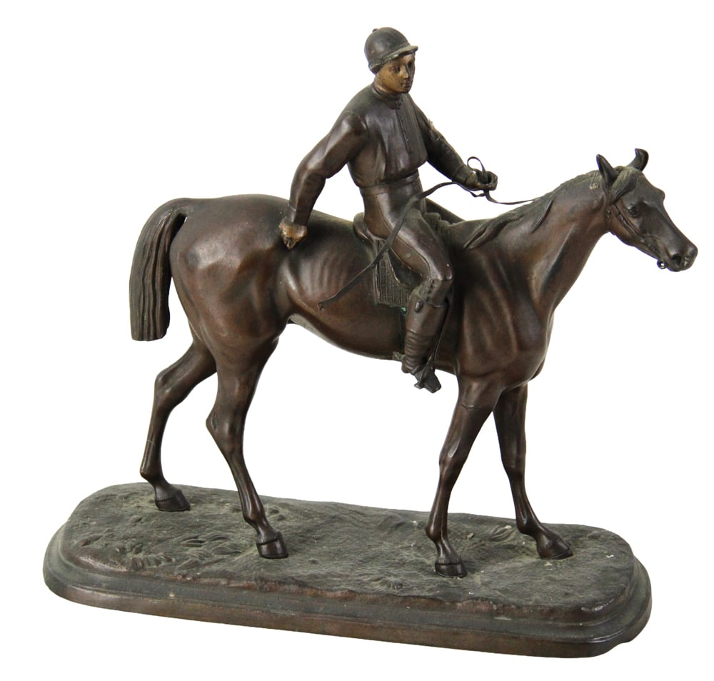 19thC Bronze-plated Metal Jockey Player: 19th century bronze-plated metal jockey player, 8 x 8 1/2. Provenance: Estate of Joseph and Anna Prince Haley, of Pride's Crossing, Massachusetts.